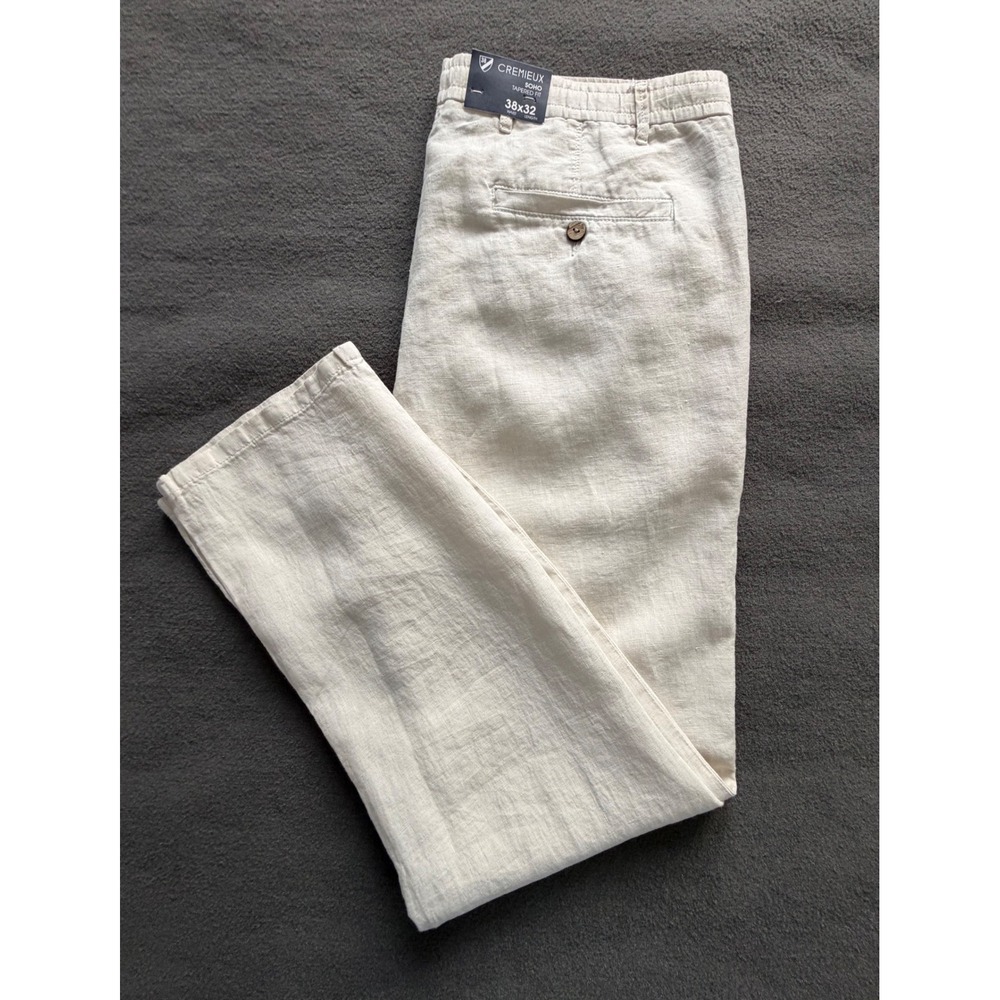 NWT-Cremieux Tahiti Soho  Mens 38x32 Cream 100% Linen Tapered Casual Pants